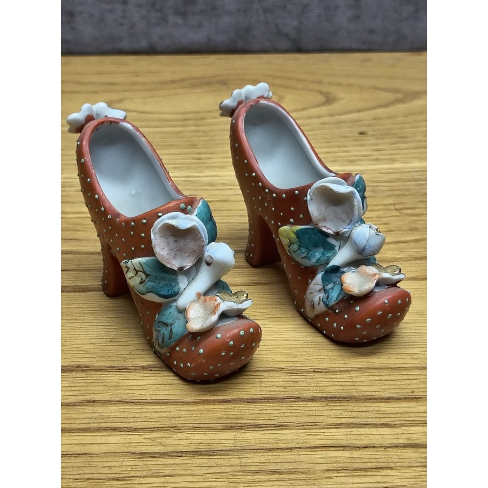 Vintage Set  Porcelain Small High Heel Figurine Polka Dots Flowers Japan Planter